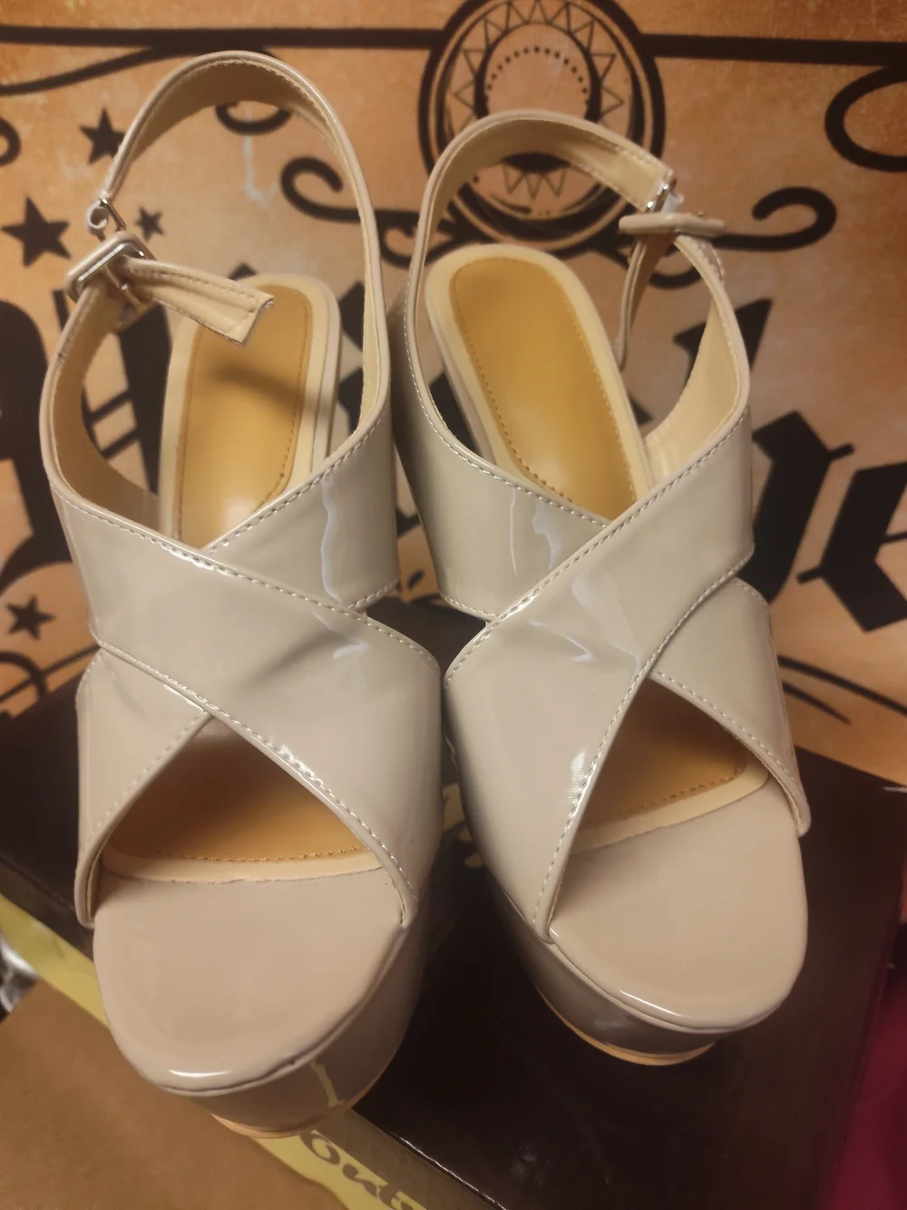 Beige Patent Platform Slingback Heels